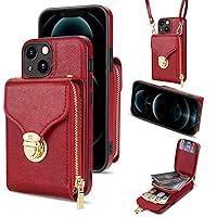 XYX Wallet Case for iPhone 13 Mini 5.4 Inch, PU Leather Zipper Handbag Purse Flip Case with Card Slots Holder Crossbody Adjustable Lanyard for iPhone 13 Mini, Red