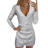 Women Trendy Sequin Dresses Sexy V-Neck Long Sleeves Glitter Fitted Elegant Cocktail Evening Party Wedding Guest Dress