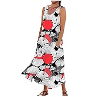 Skirts for Women Trendy Linen Flower Pattern Relaxed Fit Crew-Neck Maxi Sleeless Trending Summer Dresses for Women 2024 Maxi