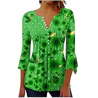 St Patrick's Day Tunic Tops Women Loose Fit Dressy 3/4 Bell Sleeve Blouses Button Up V Neck Pleated Fashion Pullover