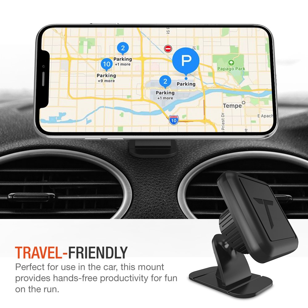 Trianium Magnetic Dash Car Mount Phone Holder Desk Stand Compatible with iPhone, Samsung, Huawei, Nokia, LG, Moto Smartphone, Stick-on Dashboard 3M-Adhesive Bendable Base and Metal Plate Included