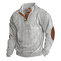 Men's Henley Pullover Sweatshirts,Long Sleeve Corduroy Shirt Lapel Collar Button Up Cargo Pullover Hoodies with Elbow