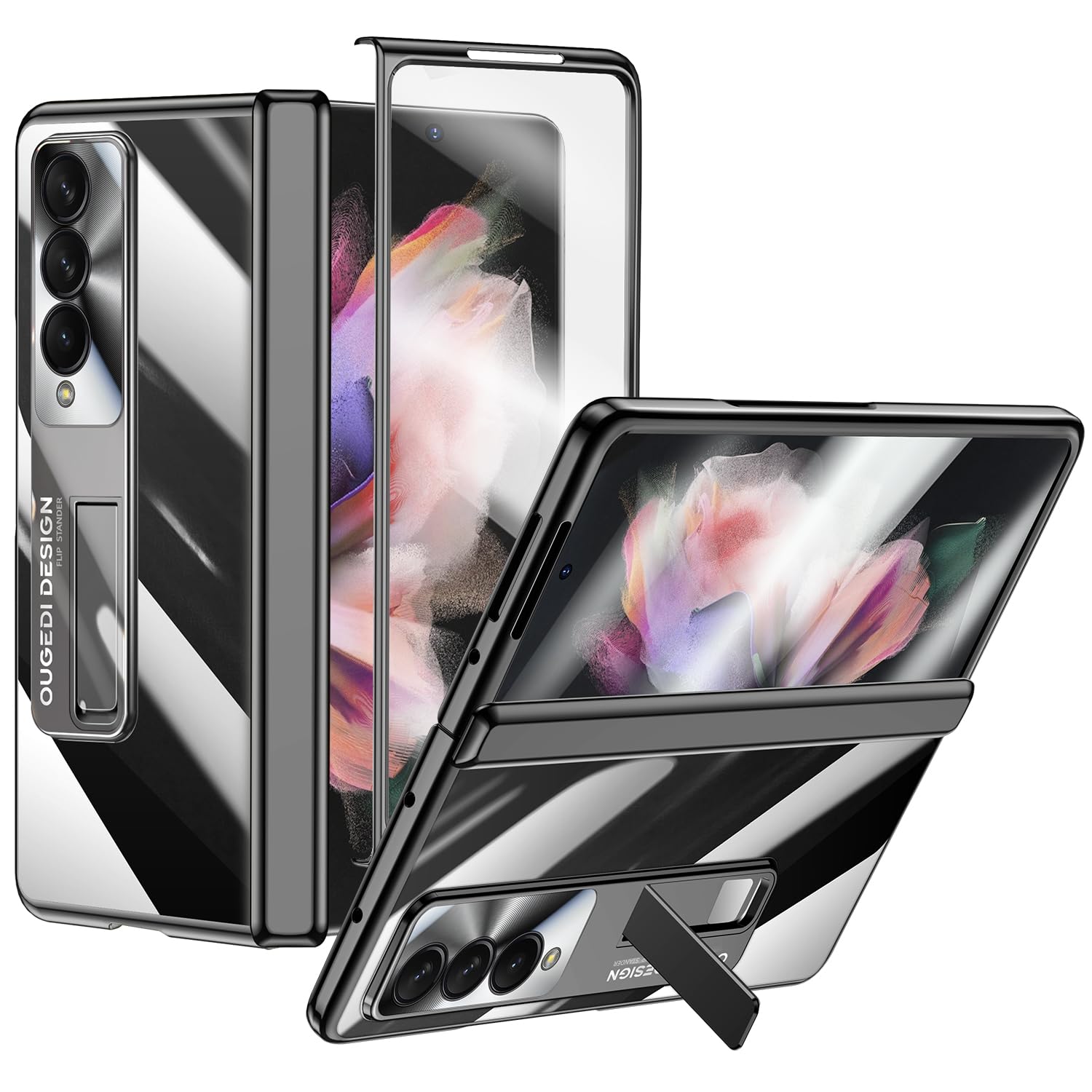 Kaiiecal for Samsung Galaxy Z Fold 3 Phone Case: Sleek Clear Electroplated Stand Protective Phone Case- Anti-Scratches Elegant Luxury Cover for Galaxy Z Fold 3 5G-Black