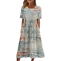 Summer Oversized Dress Womans Short Sleeve Wedding Simple Crewneck Smocked Loose Fit Soft Cotton Pullover.