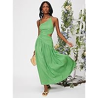 Women's Dress Criss Cross Lace Up Backless Cut Out Ruched Ruffle Hem Dress Dress for Women (Color : Green, Size : X-Small)