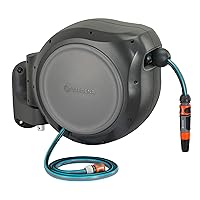 GARDENA 100' ft. Wall Mounted Retractable Reel with Hose Guide, automatic retraction for easy watering of garden or yard. Easy swivel