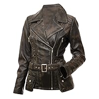 Women's Motorbike Belted Cafe Racer Victoria Distressed Brown Slim Fit Rider Leather Jacket