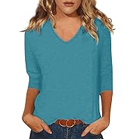 Womens Blouses Dressy Casual 3/4 Length Sleeve Solid Color Y2K Tops V Neck Polyester Womens Going Out Tops Summer Tops for Women 2024 y2k Tops 02-Sky Blue X-Large
