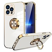 KANGHAR Compatible with iPhone 13 Pro Max Case 6.7 Inch with Screen Protector Plating Built-in 360 Rotation Magnetic Ring Kickstand Holder Soft Slim Edges Shockproof Bumper Protective Cover (White)