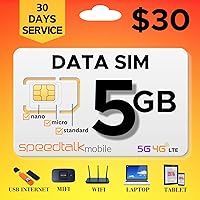 SpeedTalk Mobile Hotspot Internet 5GB Data SIM Card for 5G 4G LTE – WiFi - MiFi Modem Router USB Sticks Laptops Tablet | 30 Days 3 in 1 Simcard - Standard Micro Nano (5GB)