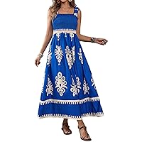 Womens Square Neck Smocked Midi Dresses Summer Casual Boho Long Maxi Dress Sundresses for Women 2024 Trendy