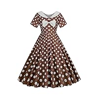 EFOFEI Women 50s Retro Polka Dot Swing Dress Rockabilly Solid Color Dress High Waist Short Sleeve Dress