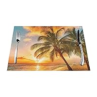 Woven Placemats for Dining Table Set of 6, Tropical Beach Palm Tree Sunset Place Mats Washable Anti-Slip Table Mats, Reusable Thick Easy to Clean Placemat for Kitchen Home Decor, 12x18 Inch
