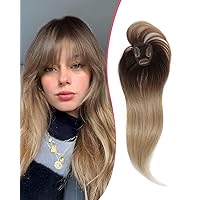 Clip in Bangs 360° Cover Fake Bangs Clip on Bangs for Women Synthetic Honey Brown with Dark Root Bangs Hair Clip Wispy Bangs Bangs Clip in Hair Extensions French Bangs Hair Pieces for Women