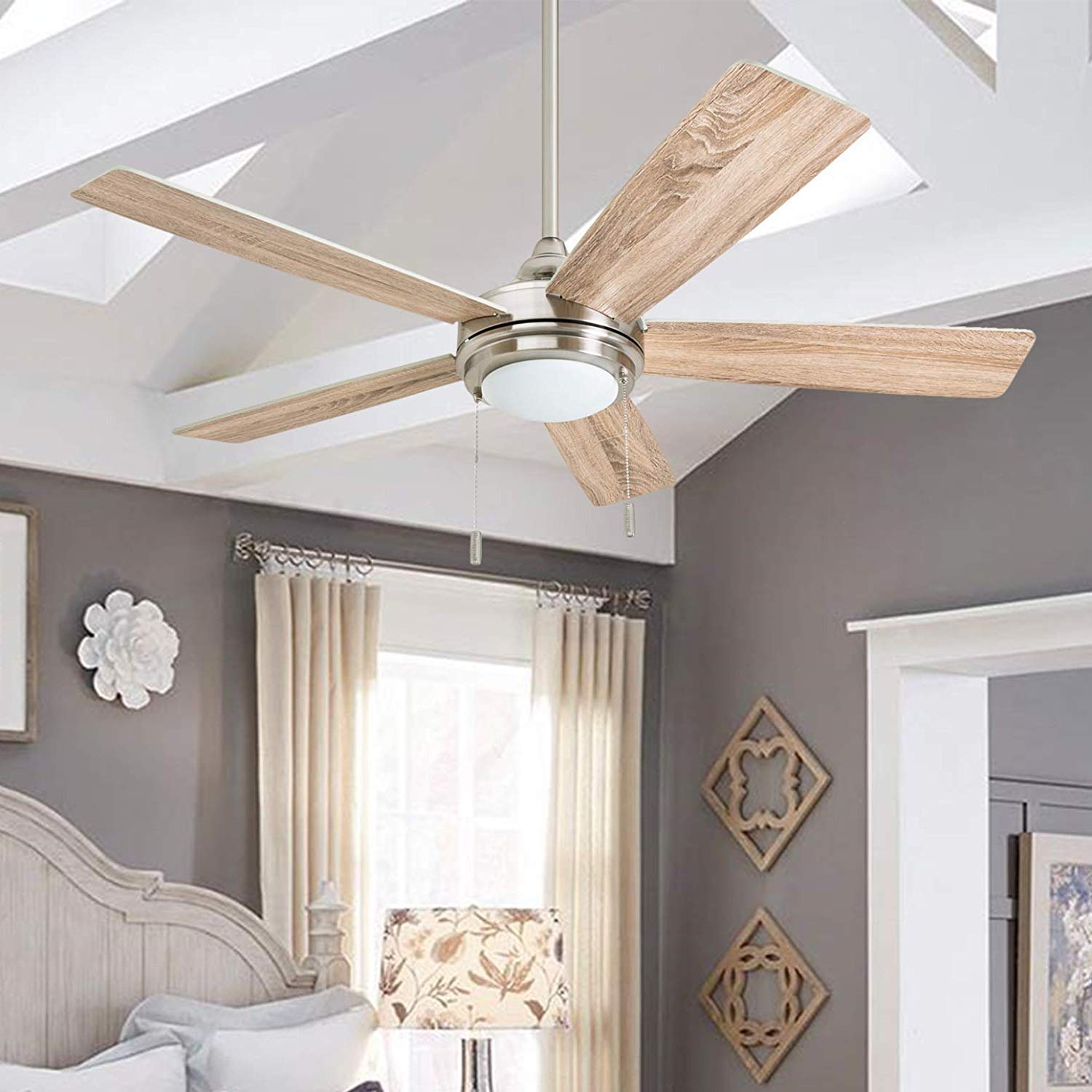 Honeywell Ceiling Fans Ventnor, 52 Inch Modern Farmhouse Indoor LED Ceiling Fan with Light, Pull Chain, Three Mounting Options, Dual Finish Blades, Reversible Motor - 50606-01 (Brushed Nickel)