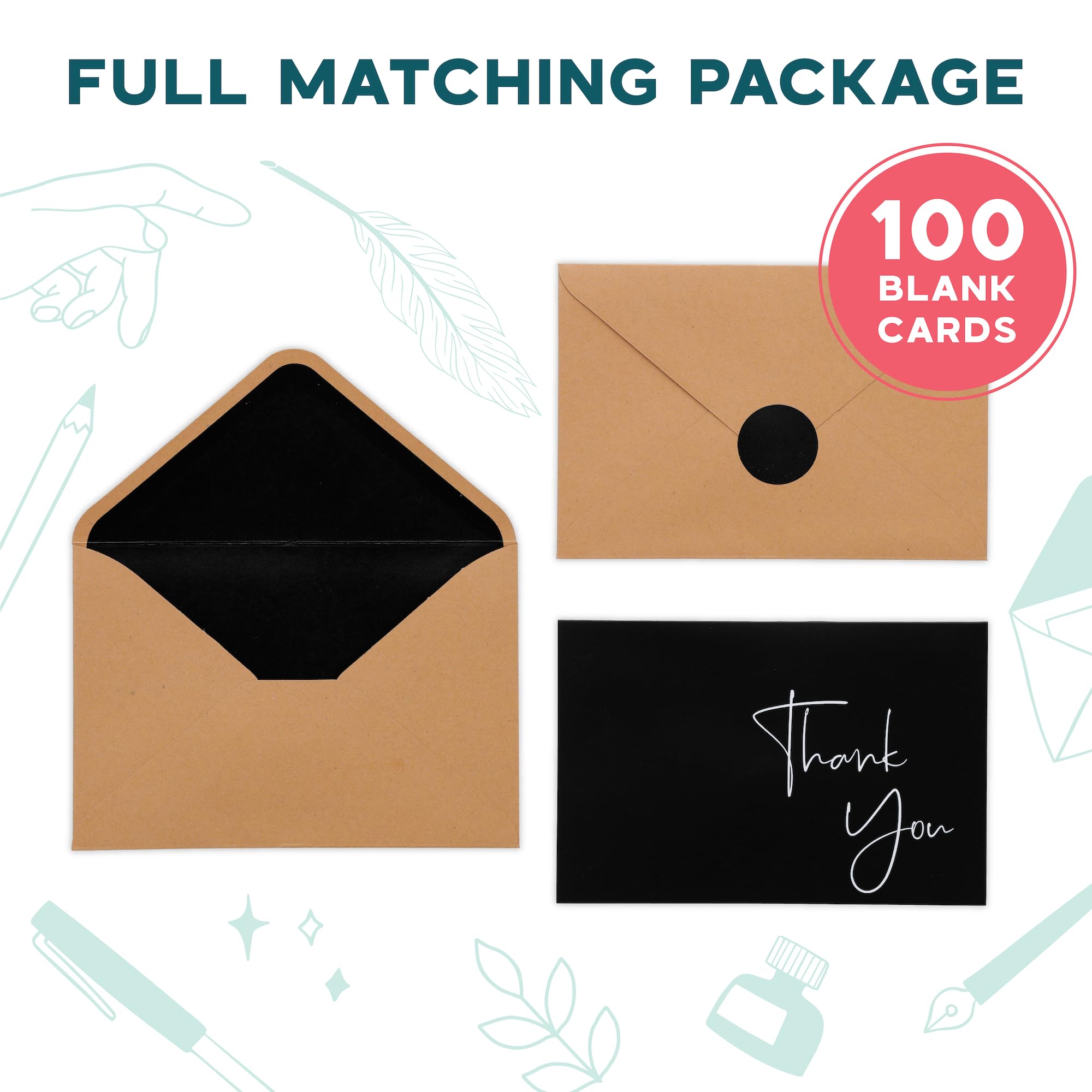 VNS Creations 100 pack Thank You Cards with Envelopes & Stickers - Classy 4x6 Blank Thank You Cards Bulk Box Set - Large Thank You Notes for Wedding, Small Business, Baby & Bridal Shower (Black)