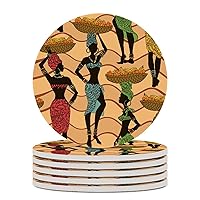 African American Women Ceramic Coaster with Cork Backing Absorbent Drink Coaster for Wooden Table Round 4 Inches 6PCS