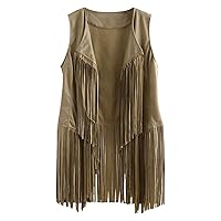 Women Classic Tassels Vest Cardigan Faux Suede Ethnic Waistcoat Sleeveless Fashion Casual 70s Hippie Fringe Jacket