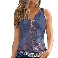 Women Retro Floral Button V-Neck Casual Tank Tops Summer Fashion Print Dressy Sleeveless Pullover Vest T-Shirts