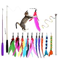 Cat Toys, 2PCS Retractable Cat Feather Toys, 10PCS Replacement Teaser Refill, 1PC Rainbow Ribbon Wand Interactive Kitten Toys for Indoor Cat Make Exercise