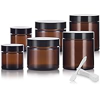 6 piece Amber Glass Straight Sided Jar Multi Size Set : Includes 2-1 oz, 2-2 oz, and 2-4 oz Amber Glass Jars with Black Lids + Spatulas for Aromatherapy, Essential Oils, Travel and Home