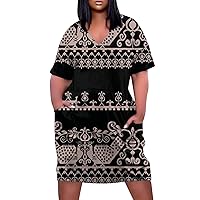 Bodycon Dresses for Women, Fit and Flare Dress for Women Floral Dress for Women 2024 V Neck Dress Womens Breathable Short Sleeve Daily Knee Dressy Plus Size Ladies Pocket Casual (Black,3X-Large)
