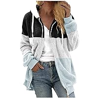 Women's Winter Fuzzy Fleece Jacket Hooded Color Block Patchwork Cardigan Coats Shaggy Sherpa Outerwear with Pockets