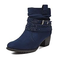 Women's Mid Calf Boots,Round Toe Comfort Low Heel Slouchy Dress zip booties with Jeweled strap