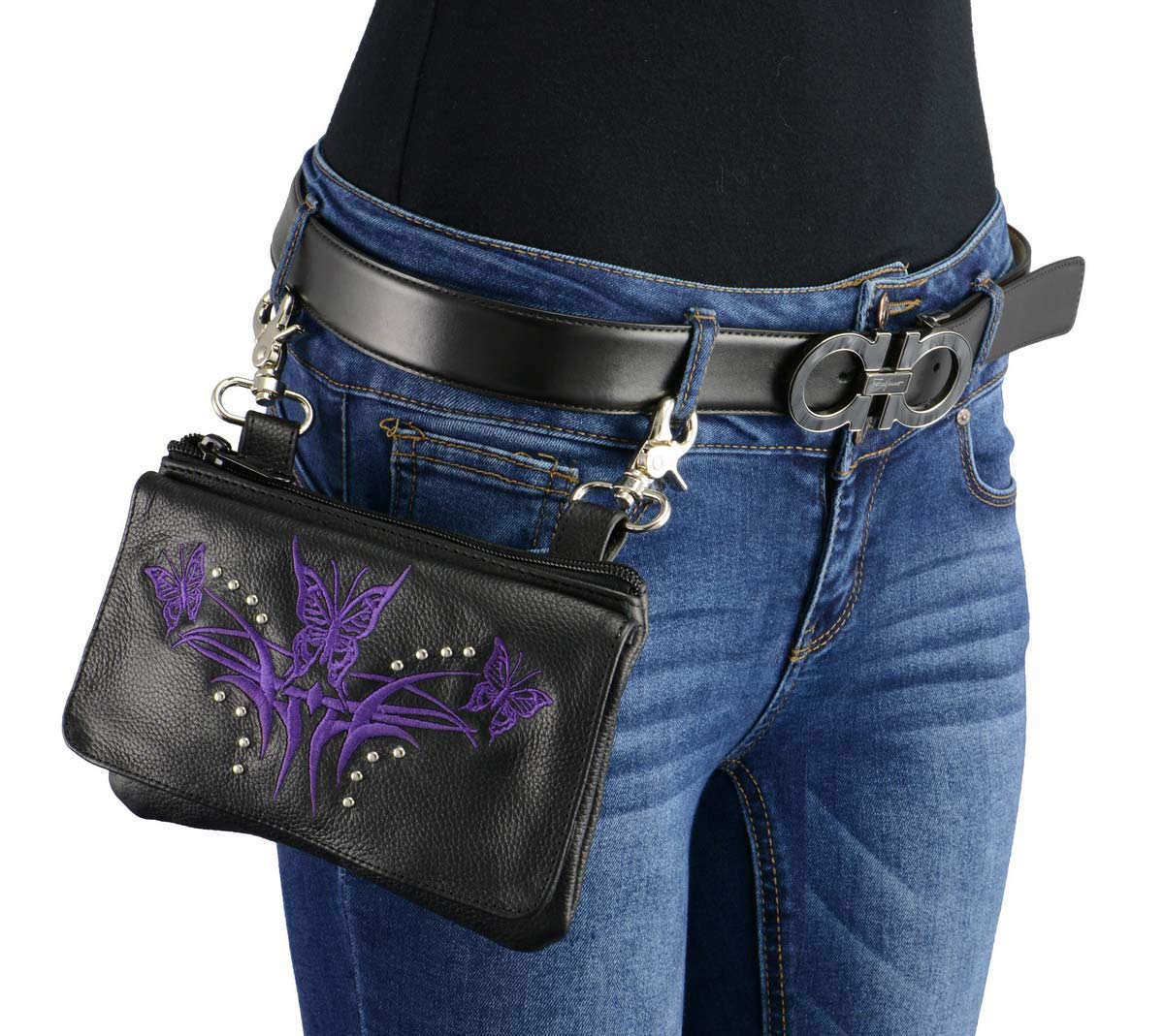 Milwaukee Leather MP8851 Women's Black and Purple Leather Multi Pocket Belt Bag - One Size