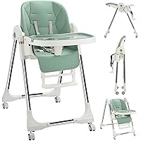 Baby High Chair, Baby High Chair Portable with 4 Wheels& Adjustable Backrest Footrest Tray Positions Seat Heights, Removable Dishwasher Meal Tray, and Foldable High Chair for Babies and Toddler