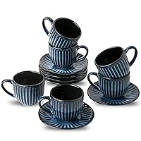 Hasense Ceramic Cappuccino Cups and Saucers - 8 Oz, Large Ribbed Latte Cups Set of 6 for Coffee,Tea,Latte and Macchiato, Demitasse Cups Set Aesthetic Gifty, Blue