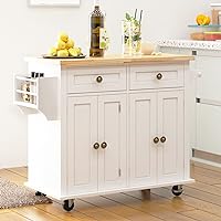 SogesPower Kitchen Cart with Drop-Leaf Rubber Wood Tabletop, Rolling Kitchen Island Cart with Storage on Lockable Wheels, Towel Rack, Spice Rack & Drawer for Living Dinning,White