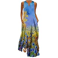 Women's Summer Maxi Dresses V Neck Sleeveless Beach Dress Casual Floral Print Loose Long Tank Dress with Pockets