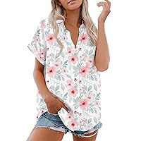 Womens Summer Tops 2024 Trendy Boho Floral Shirt Dressy Casual Button Down Short Sleeve Blouse Spring Summer Fashion