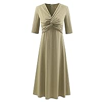 Women's Simple V-Neck Half Sleeve Solid Color Cotton Dress (Green, Large)