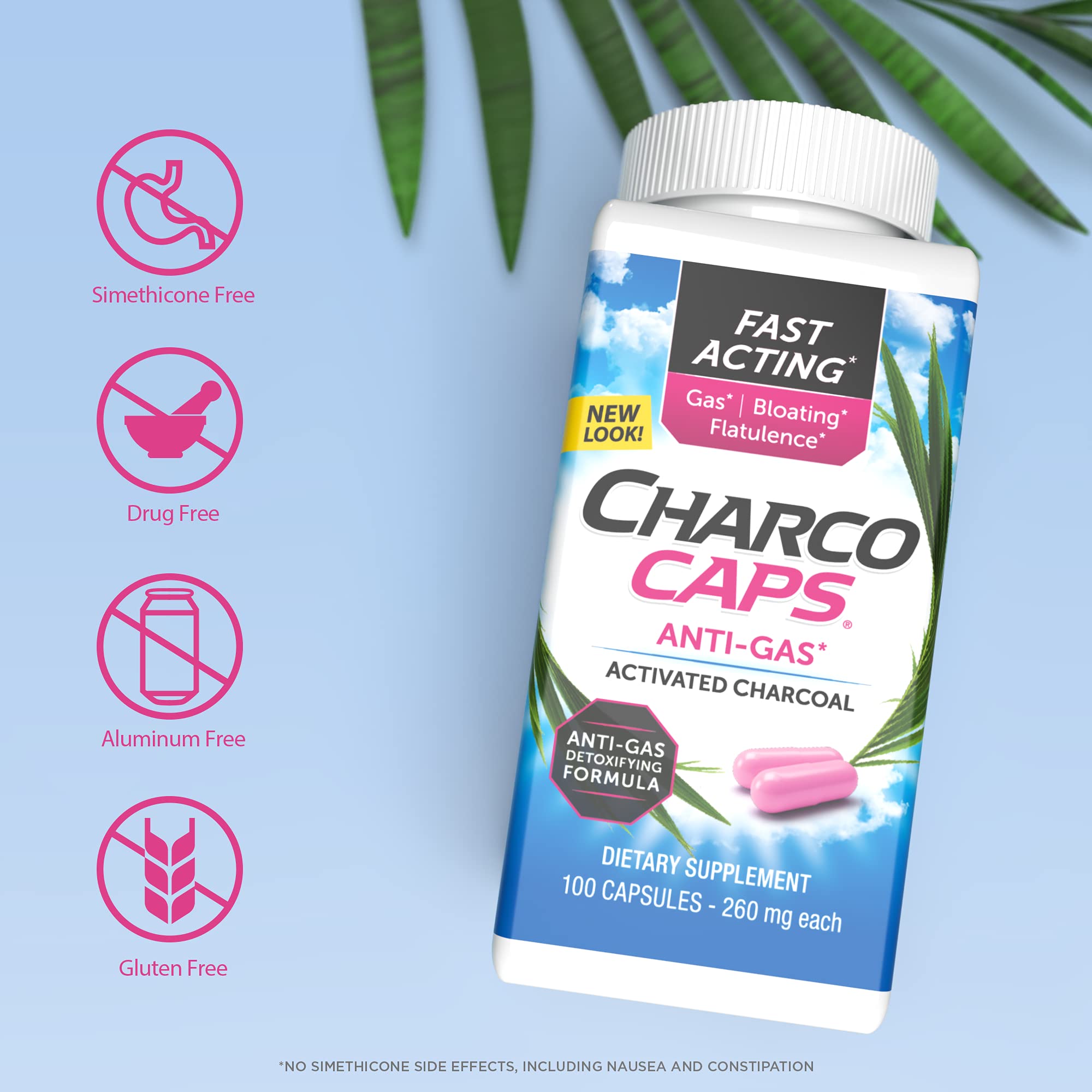Charcocaps Fast Acting Gas Relief for Bloating & Flatulence, Drug Free Detoxifying Activated Charcoal Formula, 100 Capsules, 30 Day Supply, Pink