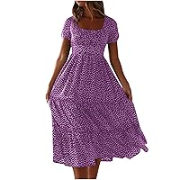 Smocked Flowy Summer Dresses A Line Square Neck Short Sleeve Ruffle Tiered Polka Dot Cocktail Midi Dress (Medium, Purple)