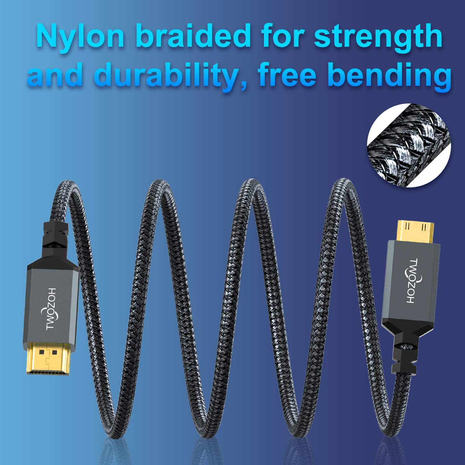 Twozoh Mini HDMI to HDMI Cable 1FT, Short High-Speed HDMI to Mini HDMI Braided Cord Support 3D 4K/60Hz 1080p 720p