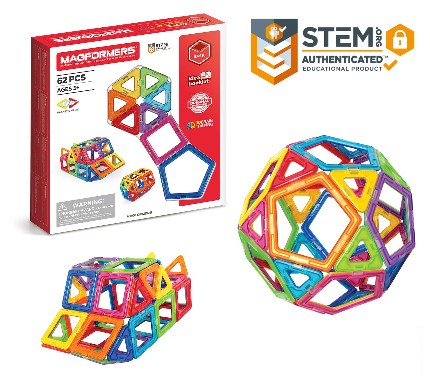 Magformers Basic Set (62-pieces) Magnetic Building Blocks, Educational Magnetic Tiles, Magnetic Building STEM Toy, Multi-colored, Model Number: 63070