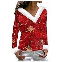 Christmas Shirts for Women Long Sleeve Fleece Collar V Neck Tops Plus Size Basic T-Shirt Casual Winter Clothes
