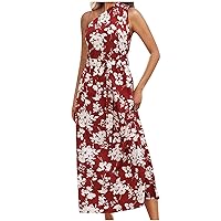 Boho Ruched One Shoulder Beach Dress Women Floral Sleeveless High Waist A-Line Sundress Flowy Belted Long Dresses