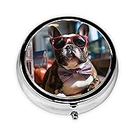 French Bulldog Wearing Sunglasses Print Round Pill Box Cute Mini Metal Pill Case with 3 Compartment Portable Travel Pillbox Medicine Organizer for Pocket Wallet