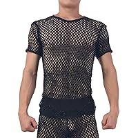 Mens Workout T Shirts Fishnet Muscle See Through Sexy Mesh Tees Top