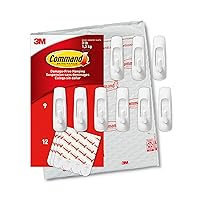 Medium Utility Hooks, Damage Free Hanging Wall Hooks with Adhesive Strips, No Tools Wall Hooks for Hanging Organizational Items in Living Spaces, 9 White Hooks and 12 Command Strips