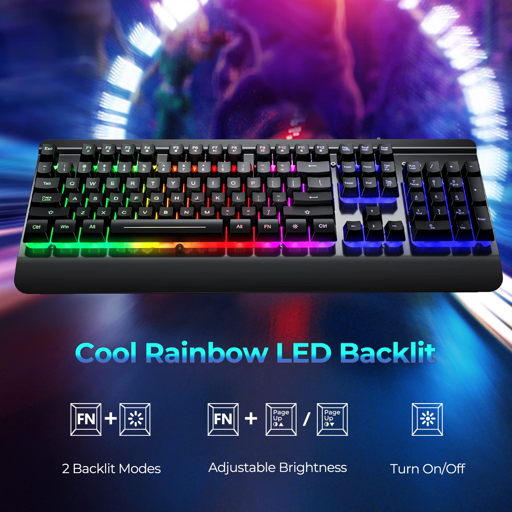 Pauroty Gaming Keyboard Metal, Rainbow LED Backlit Silent Keyboard with Wrist Rest, 104 Quiet Membrane Keys, Multimedia Keys,19 Anti-ghosting Keys, Waterproof, USB Wired Keyboard for Windows PC Gamer