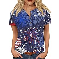4th of July Outfits for Women 2024 Star Striped Tie Dye Short Sleeve V Neck Button Patriotic Tee Shirts