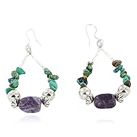 $90Tag Certified Silver Hooks Dangle Turquoise Amethyst Hoop Native Earrings 18138 Made By Loma Siiva