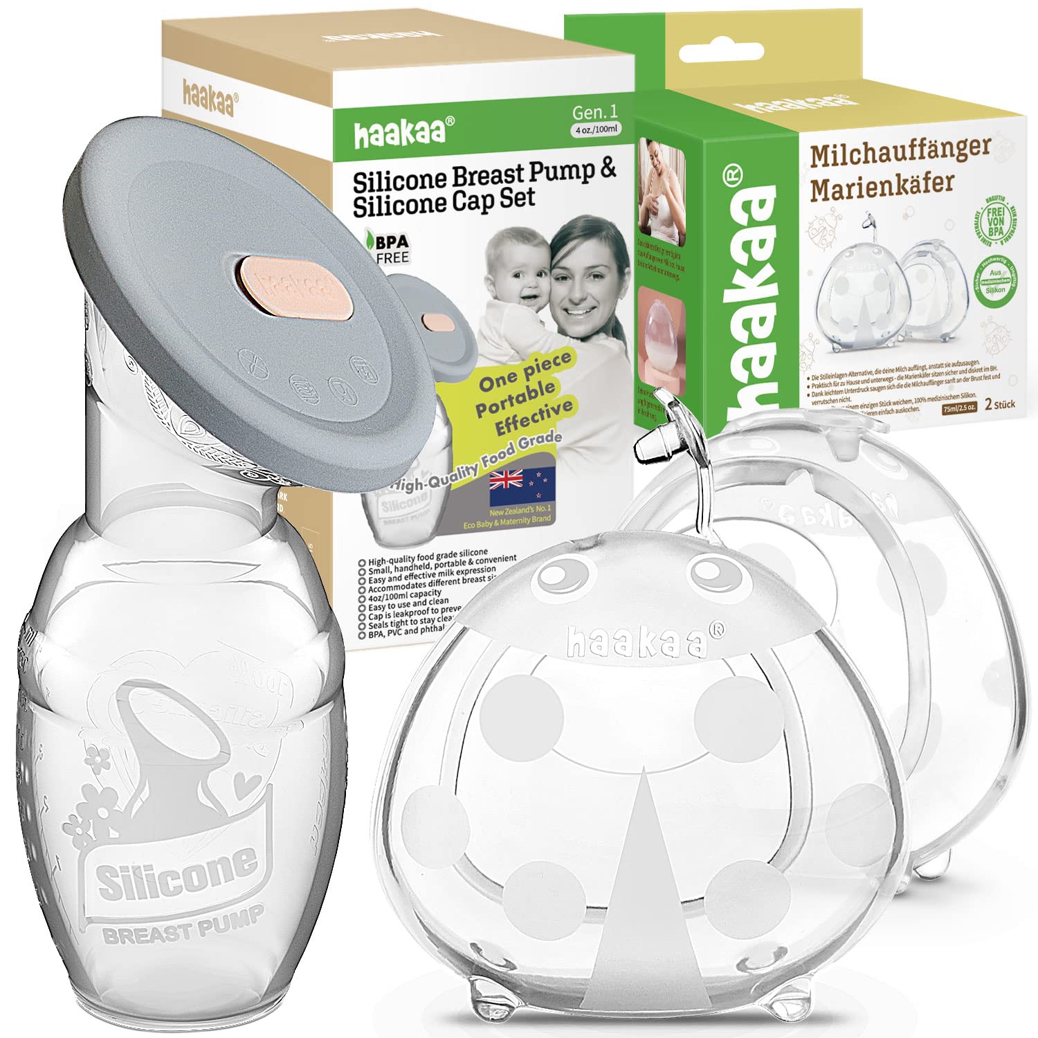 haakaa Manual Breast Pump Breastfeeding Pump 4oz/100ml+Lid Food Grade Silicone Bundle with Ladybug Silicone Milk Collector 2pk