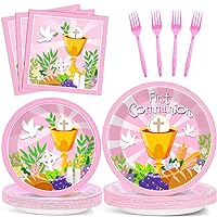 100 Pcs First Communion Plates and Napkins Baptism Decorations for Girl 1st Holy Communion Party Pink Disposable Paper Tableware for God Bless Christening Celebration Decor Baby Shower Serves 25