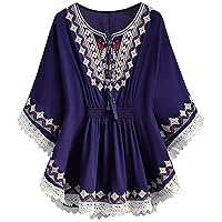Women's Boho Linen Shirt Tunic Embroidered Floral Graphic Loose Fit Spring Ruffle Short Sleeve Blouses Indian Tops